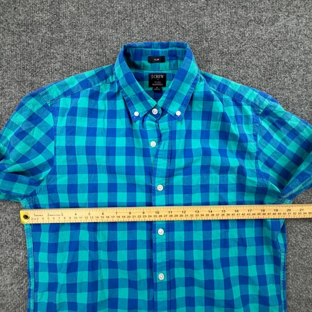 J.Crew Mens Slim Fit Flex Washed Gingham Button Down Shirt Blue Teal Medium